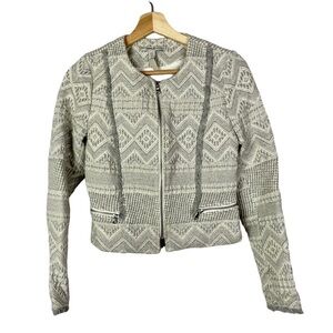 Zara White &‎ Gray Aztec Jacquard Full Zip Cropped Moto Jacket M